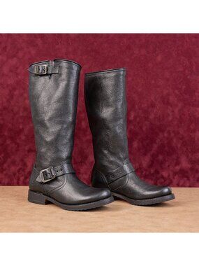 Frye Women Veronica Slouch Black Leather Moto Biker Buckle Boots size 6